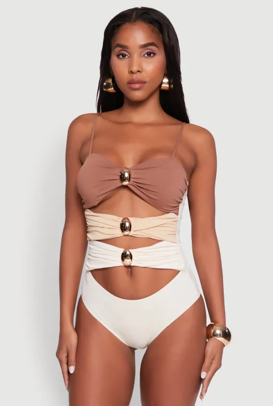Stylish Color Blocked Metallic Detail One Piece Swimsuit sold by Rainbow
