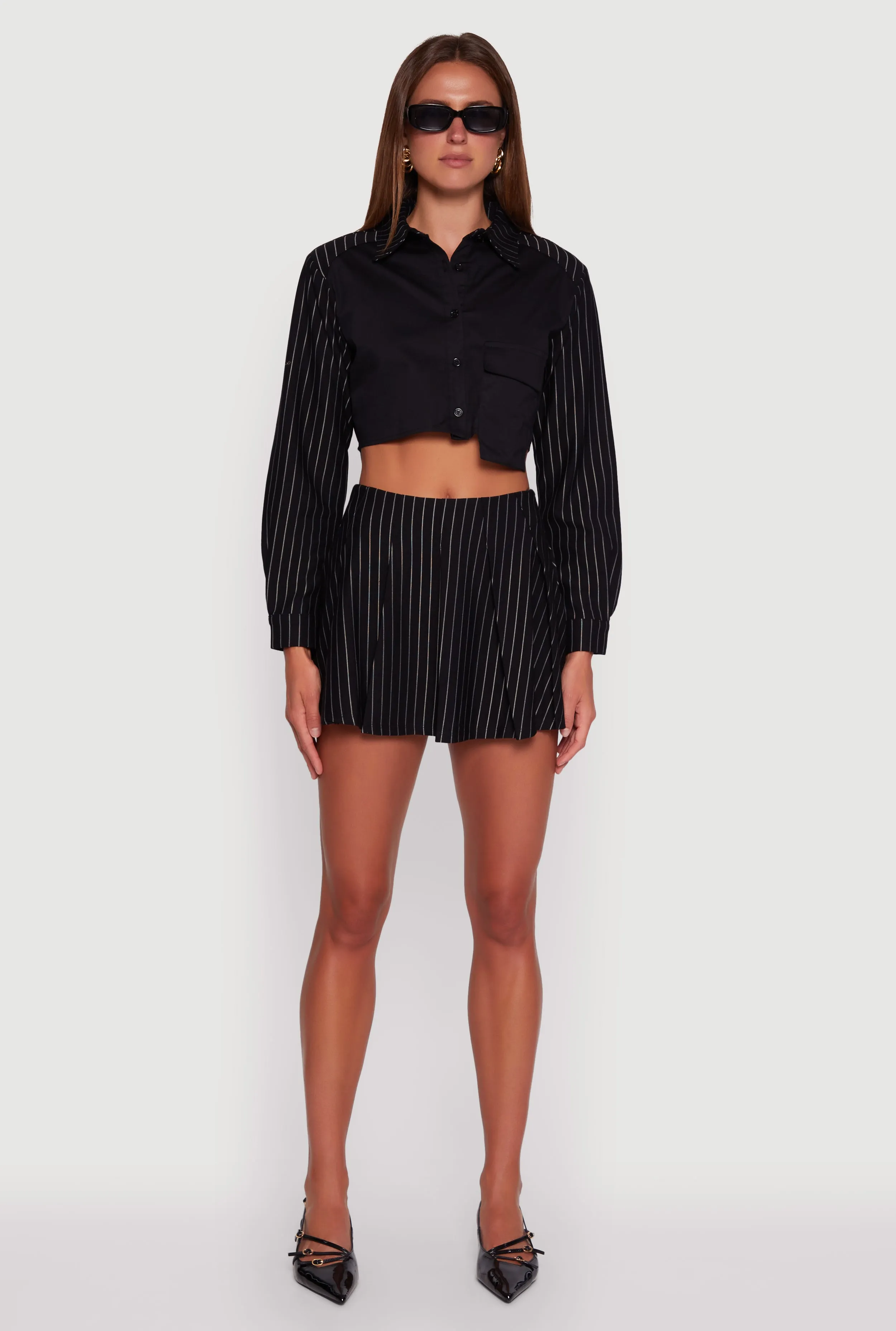 Trendy High Waisted Pinstripe Pleated Mini Skirt sold by Rainbow product image thumbnail 2