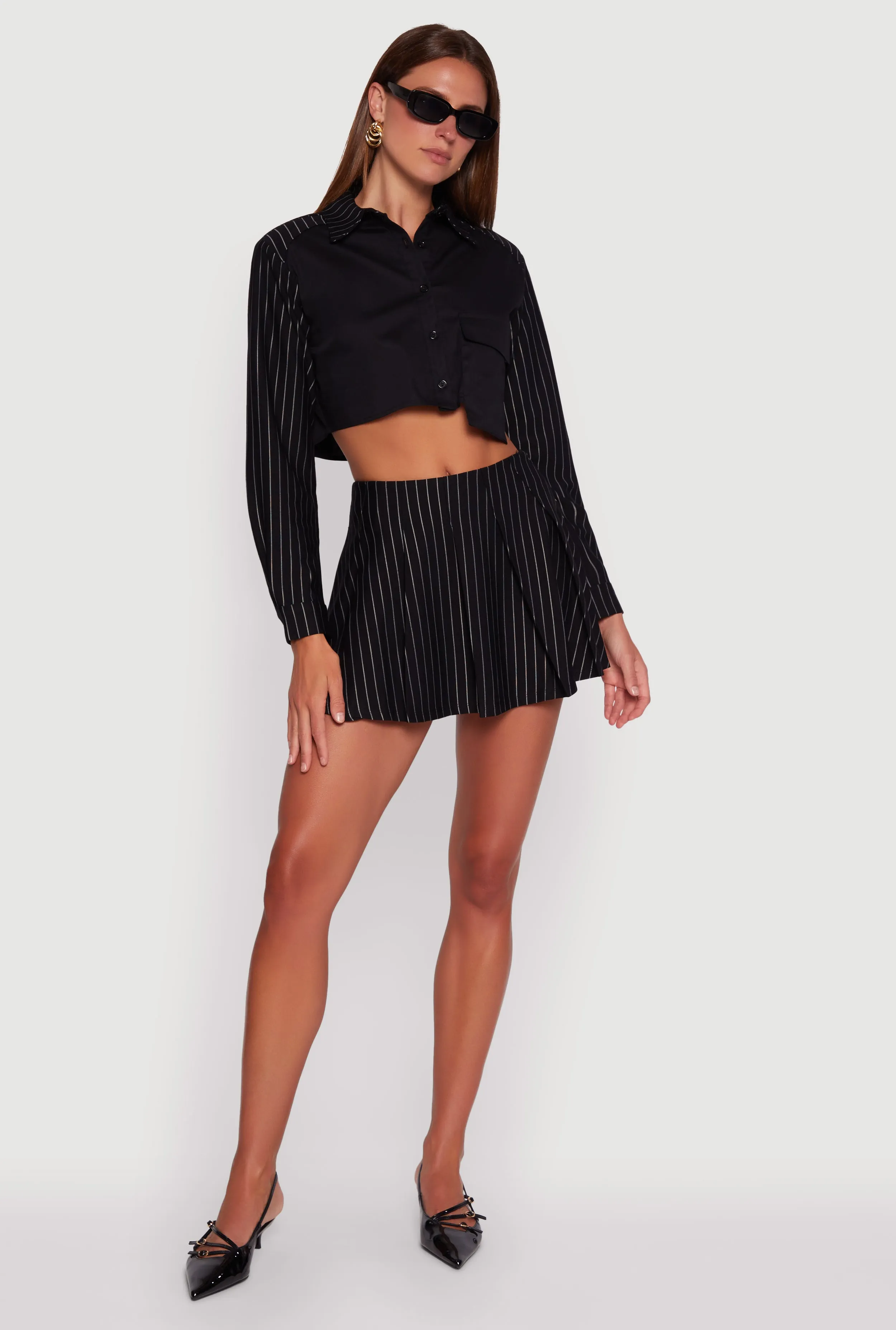 Trendy High Waisted Pinstripe Pleated Mini Skirt sold by Rainbow
