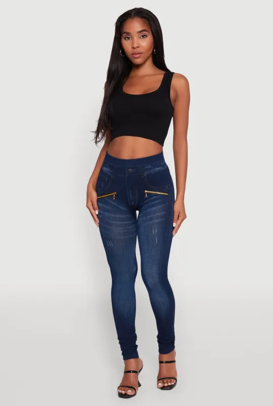 Trendy High Waisted Denim Knit Leggings with Zippers sold by Rainbow