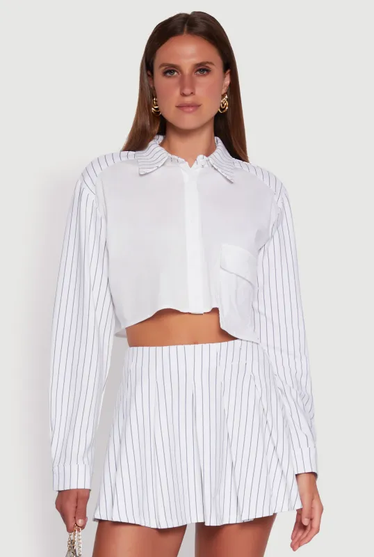 Trendy Pinstripe Detail Cropped Shirt with Flap Pocket sold by Rainbow