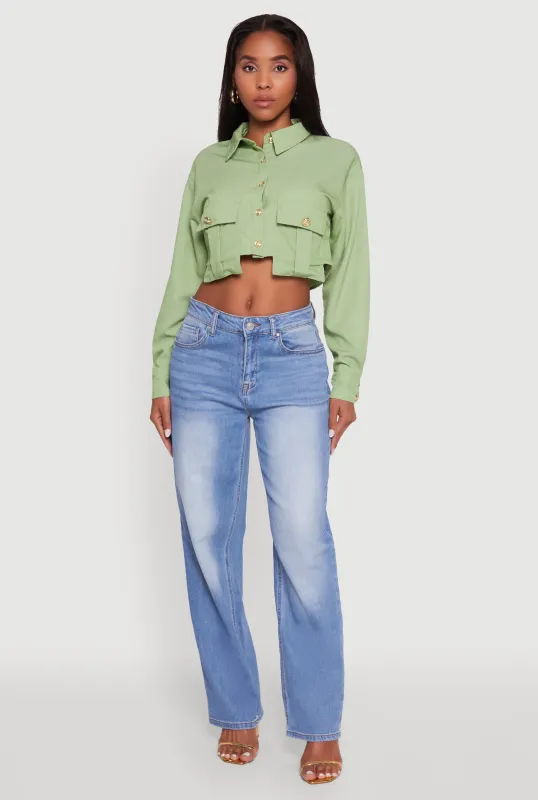 Classic Fit Long Sleeve Cropped Shirt with Flap Pocket sold by Rainbow