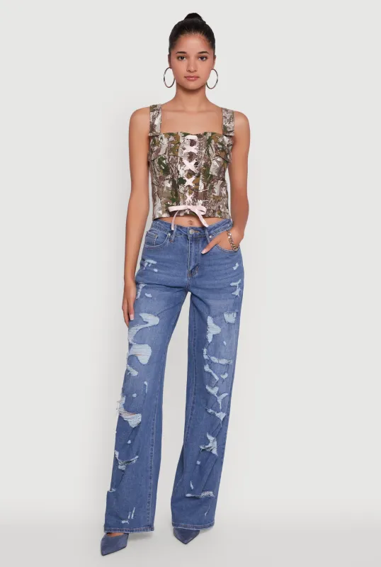 Hunter Camouflage Ribbon Lace-Up Crop Top sold by Rainbow