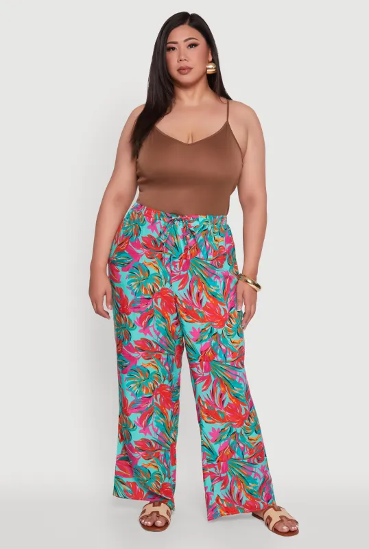 Plus Size High Waisted Leaf Printed Palazzo Pants sold by Rainbow