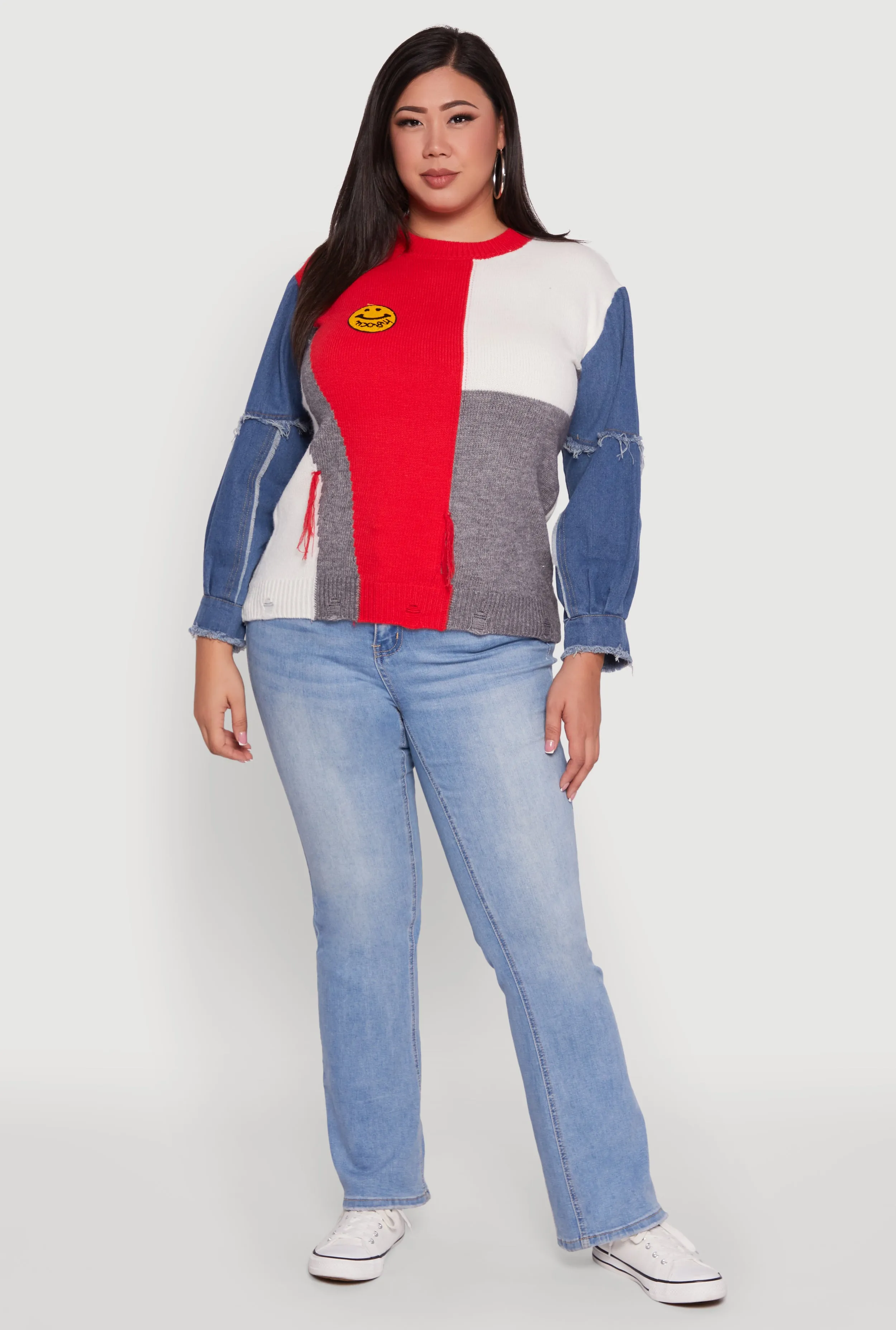 Plus Size Daisy Color Blocked Denim Sleeve Sweater sold by Rainbow