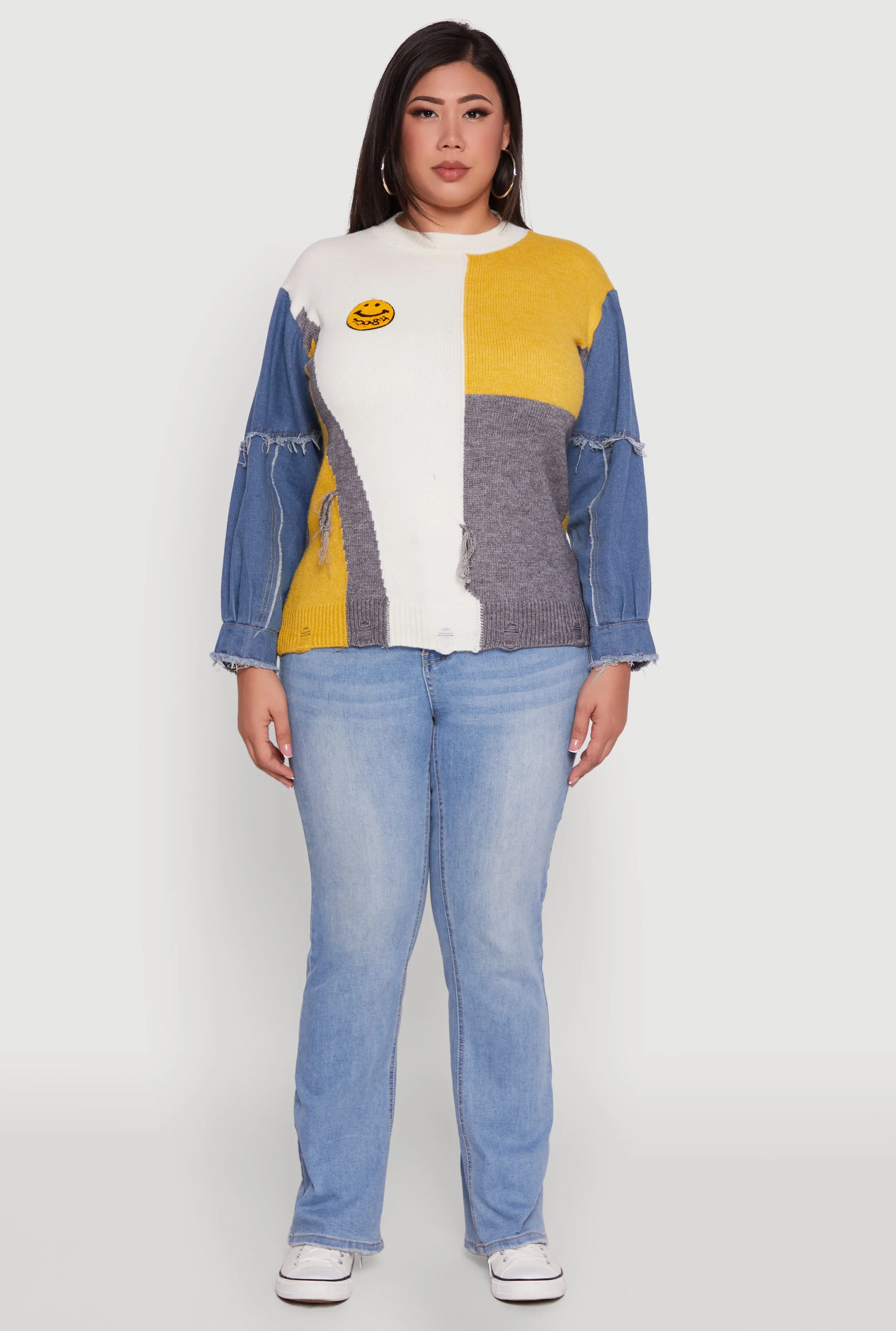 Plus Size Daisy Color Blocked Denim Sleeve Sweater sold by Rainbow product image thumbnail 3