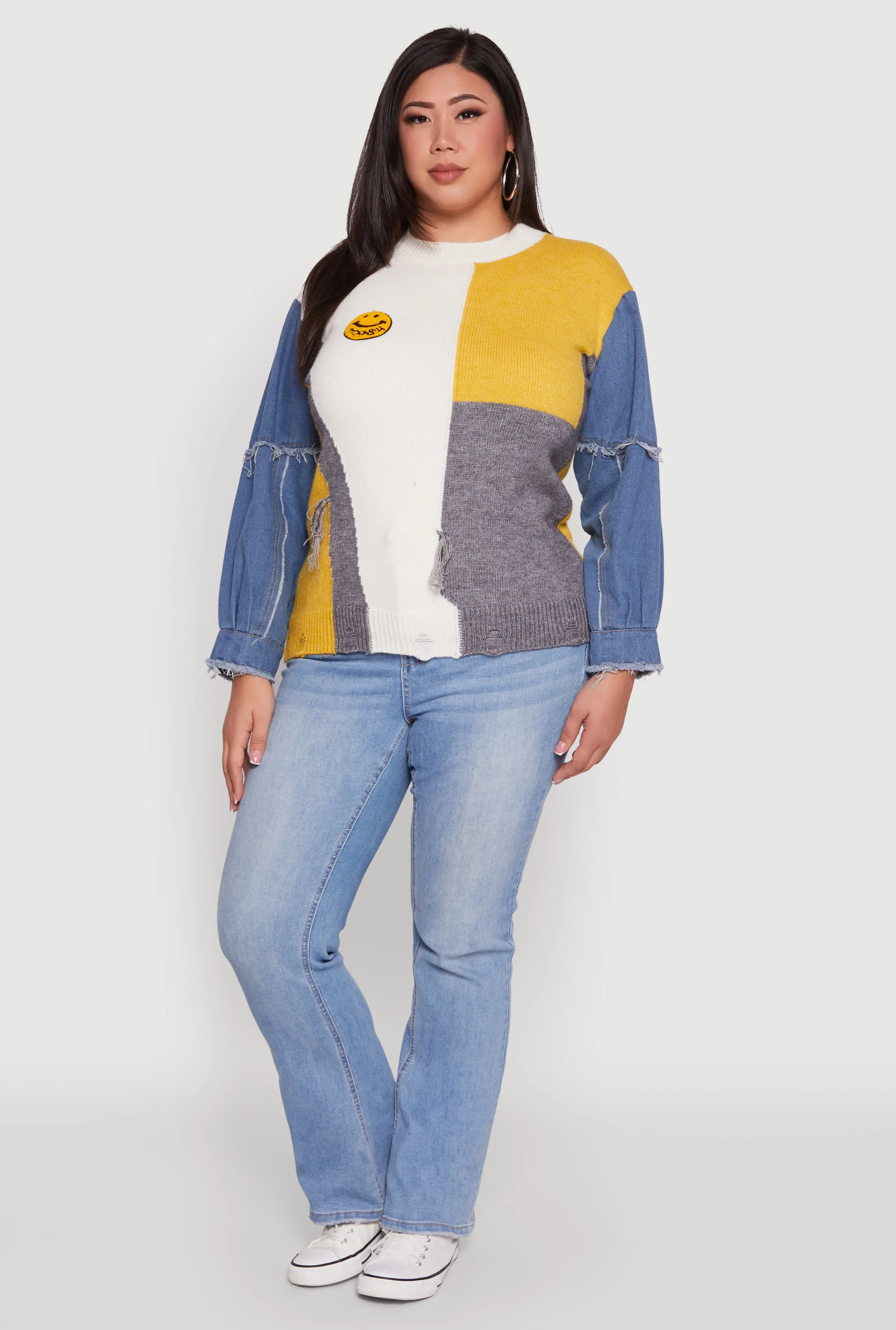 Plus Size Daisy Color Blocked Denim Sleeve Sweater sold by Rainbow