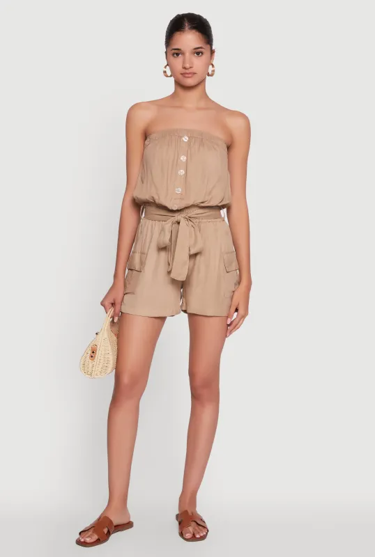 Sleeveless Tie Waist Belted Cargo Romper sold by Rainbow