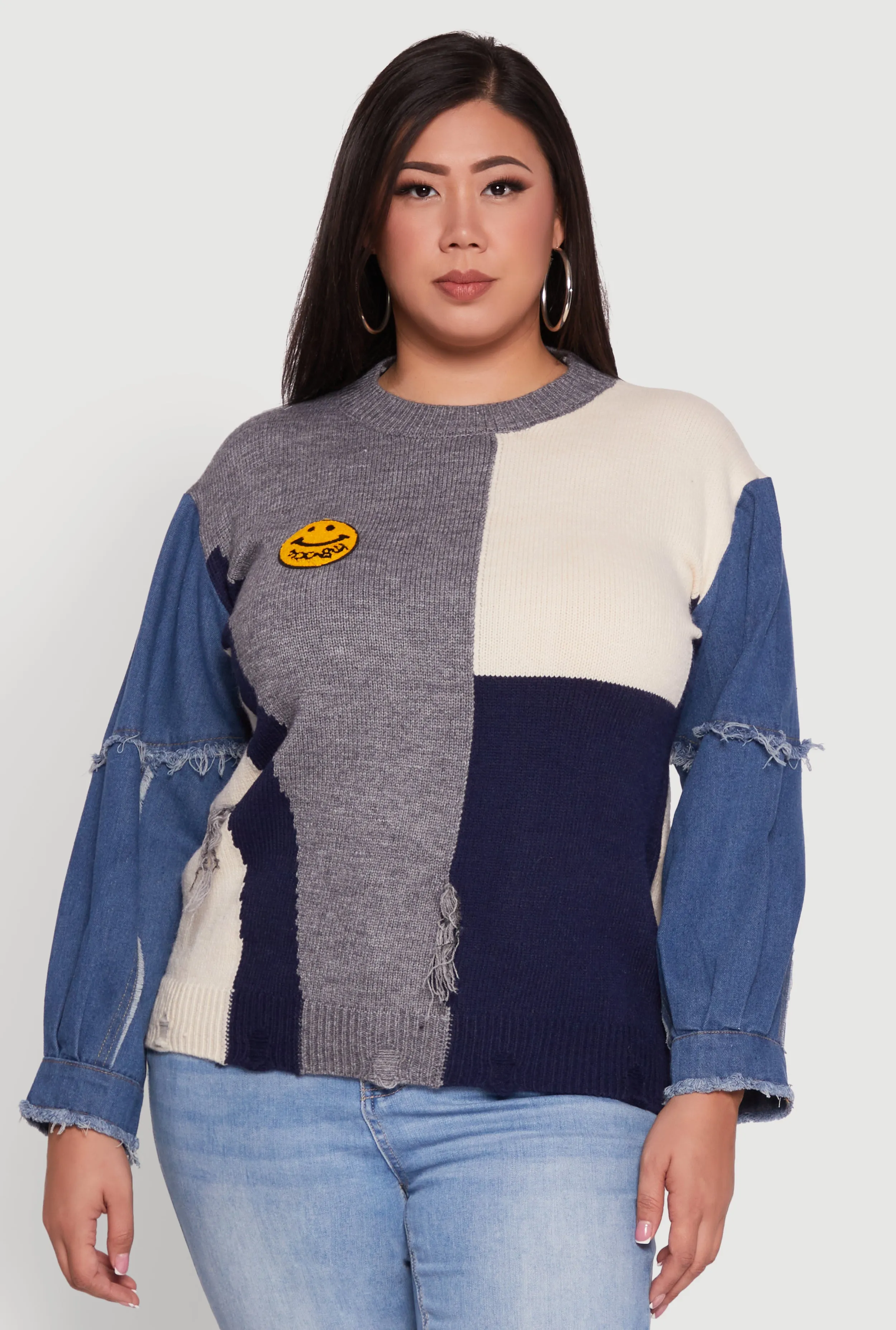 Plus Size Daisy Color Blocked Denim Sleeve Sweater sold by Rainbow product image thumbnail 2