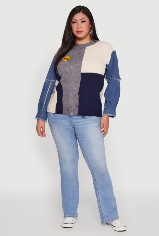 Plus Size Daisy Color Blocked Denim Sleeve Sweater sold by Rainbow