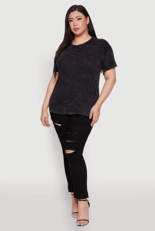 Plus Size Trendy Mineral Wash Fringe Sleeve Tee sold by Rainbow