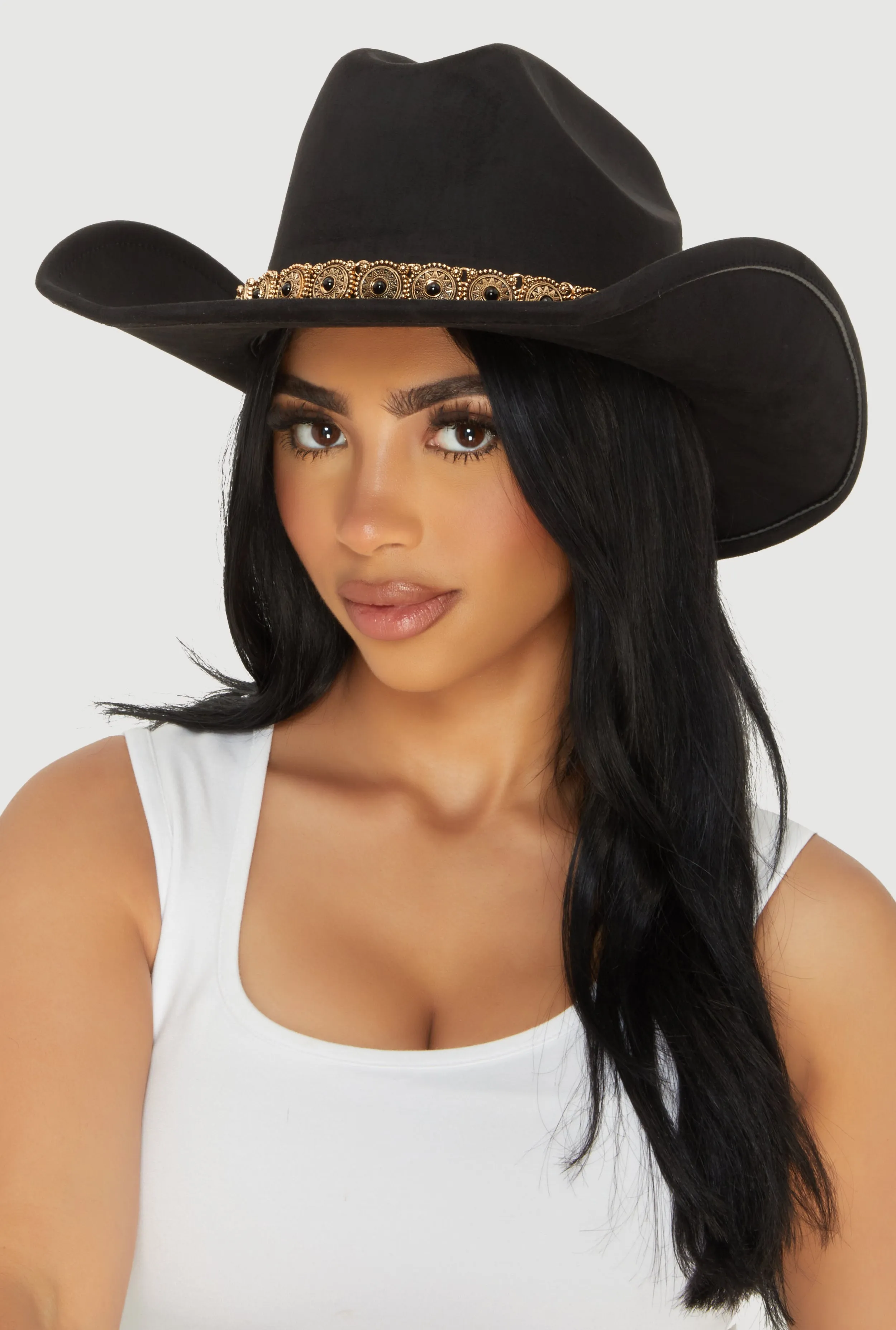 Faux Suede Metallic Boho Trim Cowboy Hat sold by Rainbow product image thumbnail 2