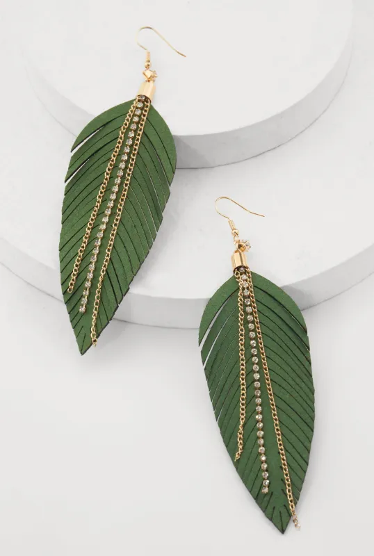 Faux Leather Rhinestone Chain Leaf Earrings sold by Rainbow