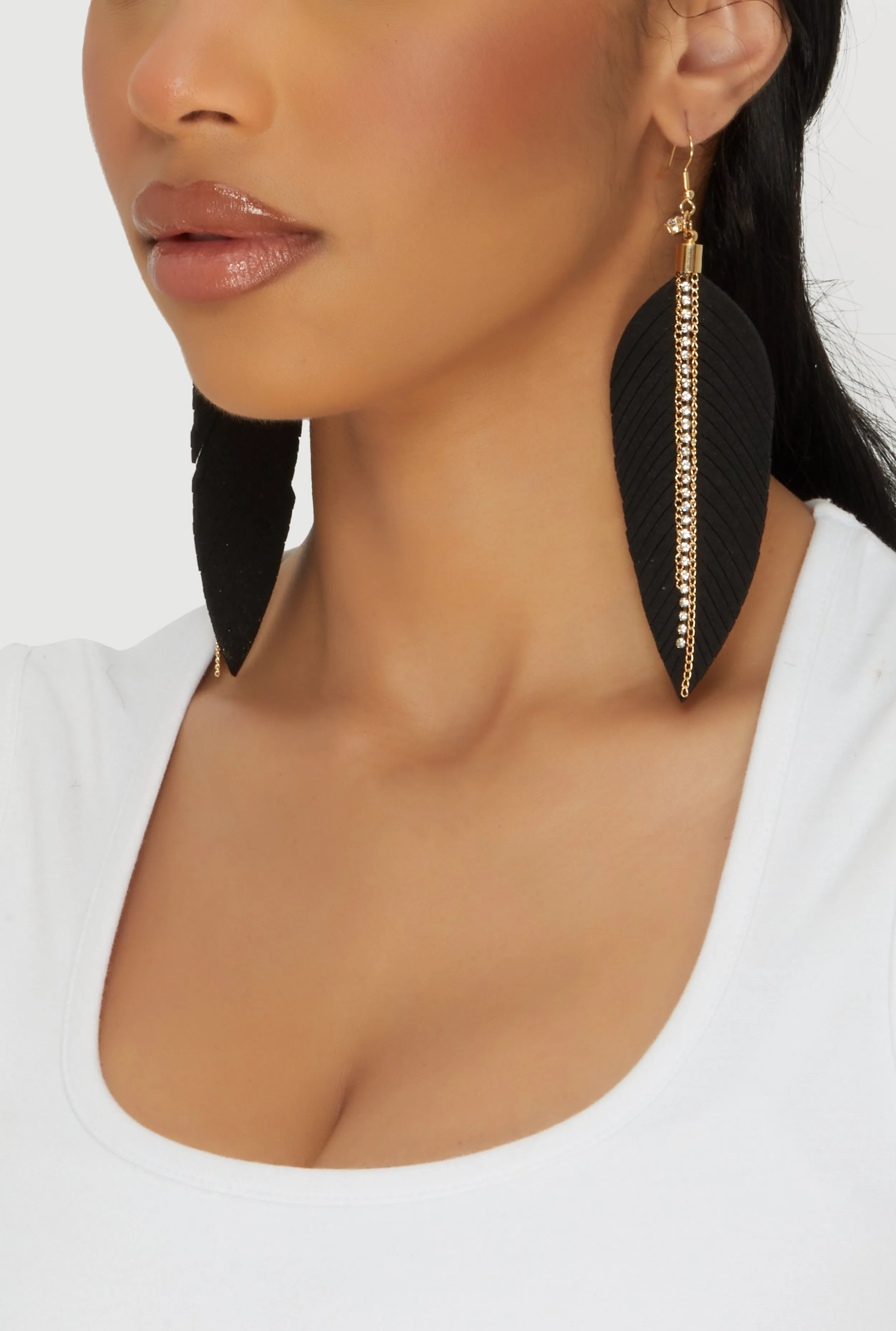 Faux Leather Rhinestone Chain Leaf Earrings sold by Rainbow product image thumbnail 2