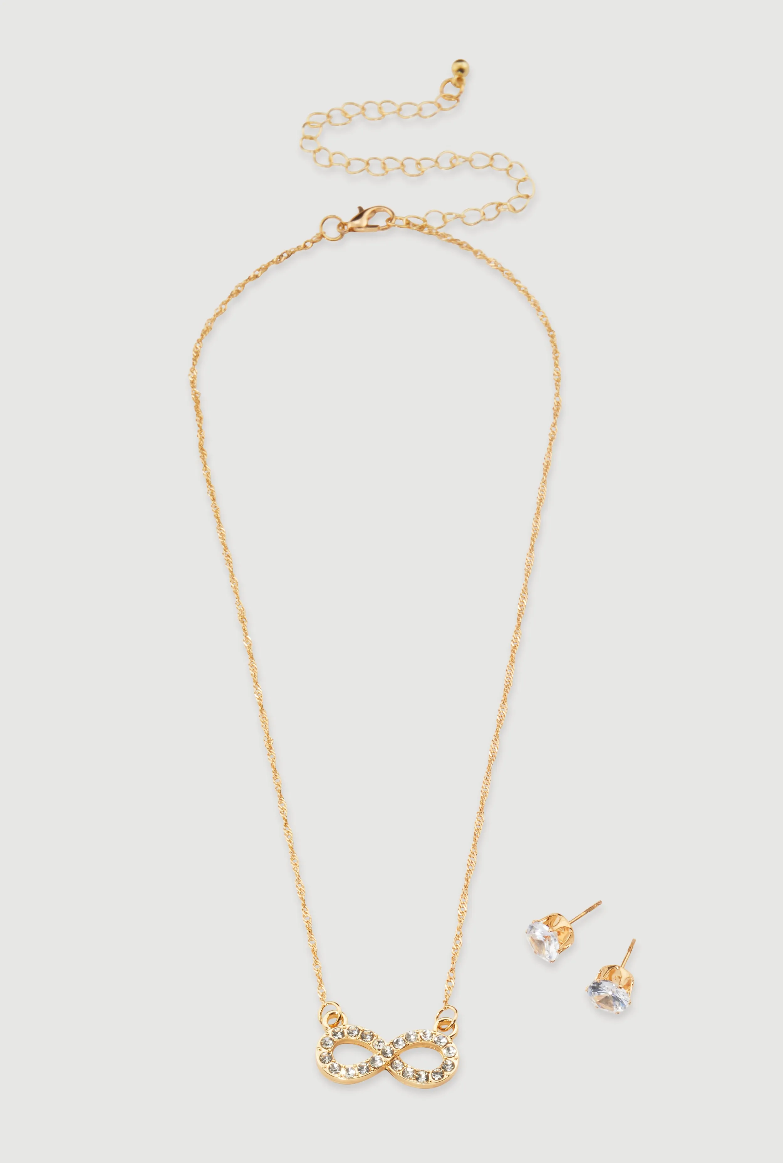Cubic Zirconia Infinity Necklace and Stud Earrings Set sold by Rainbow