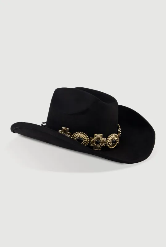 Trendy Faux Suede Metallic Cross Trim Cowboy Hat sold by Rainbow