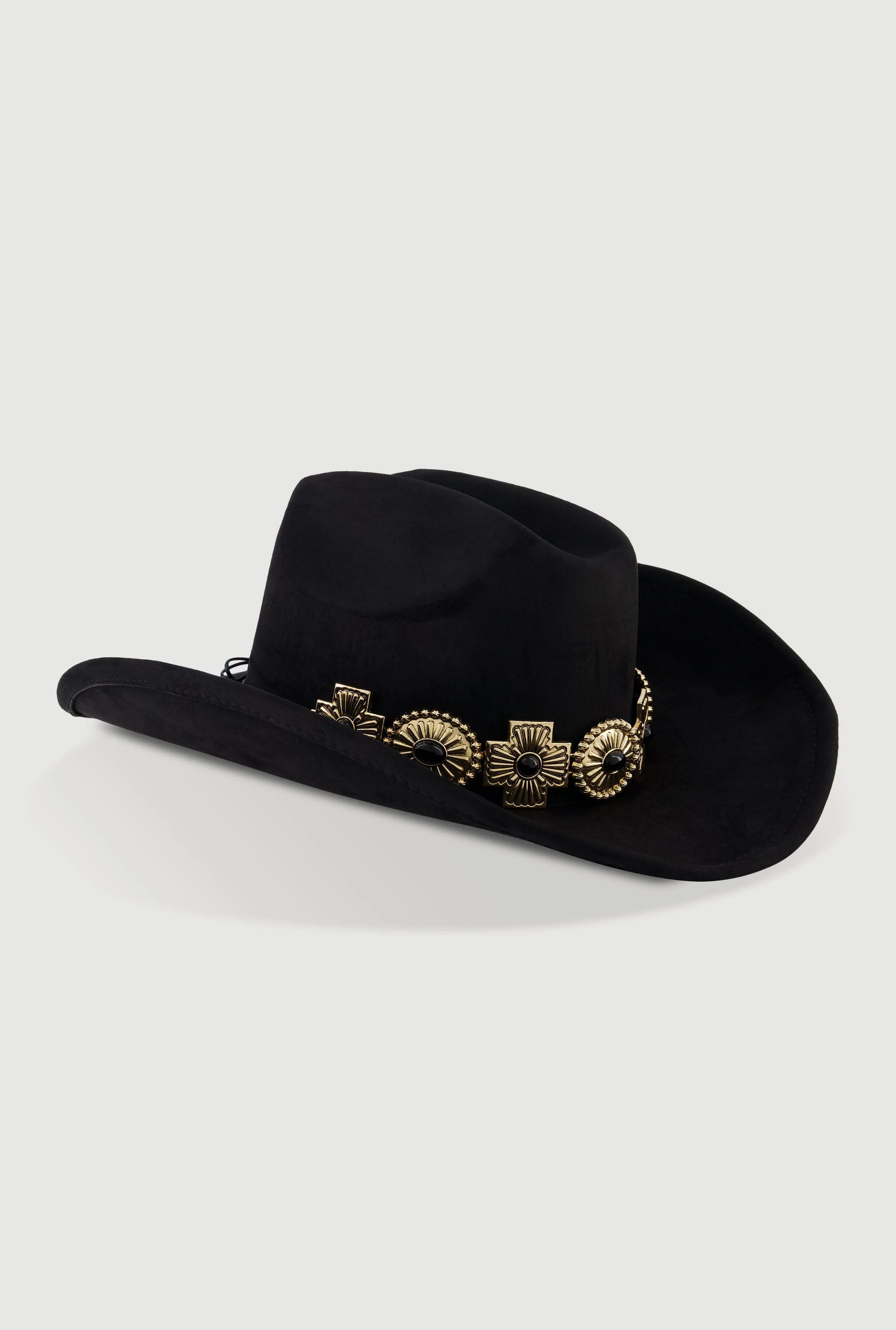Trendy Faux Suede Metallic Cross Trim Cowboy Hat sold by Rainbow