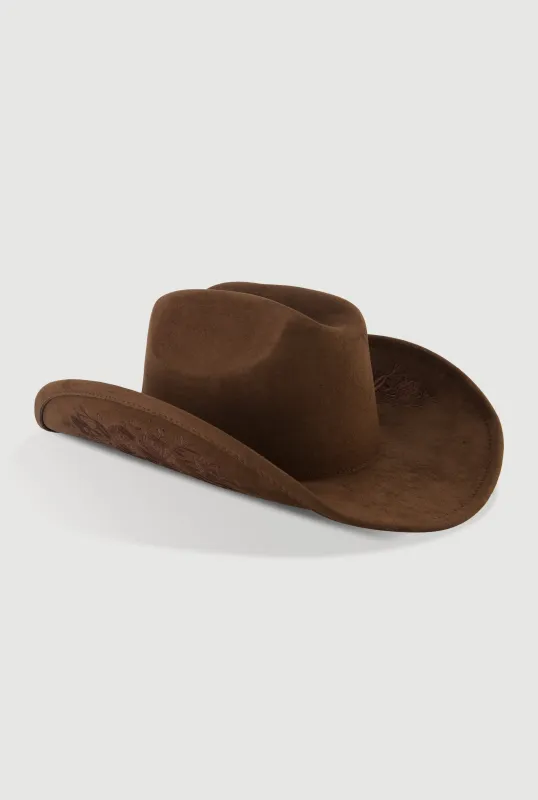 Faux Suede Floral Embroidered Cowboy Hat sold by Rainbow