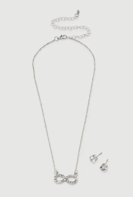 Cubic Zirconia Infinity Necklace and Stud Earrings Set sold by Rainbow