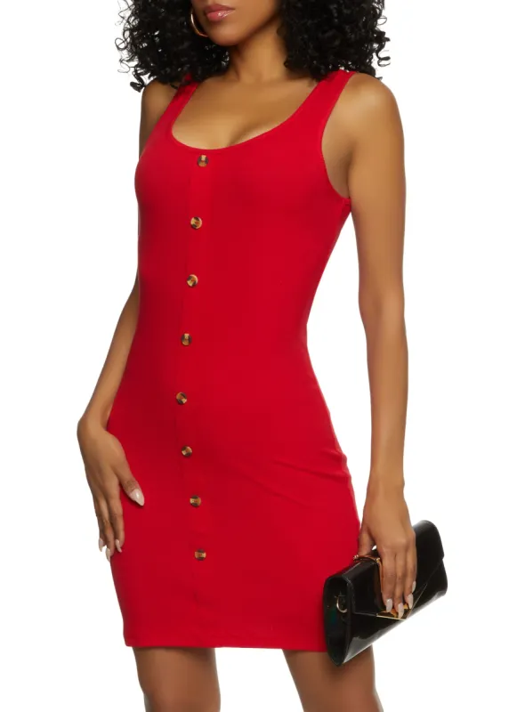 Rib Knit Scoop Neck Button Detail Tank Dress sold by Rainbow