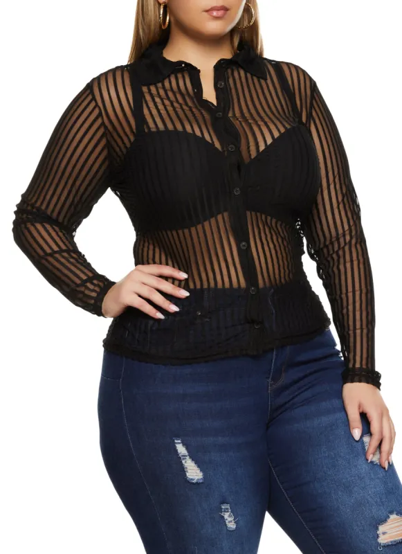 Plus Size Mesh Shadow Striped Shirt sold by Rainbow