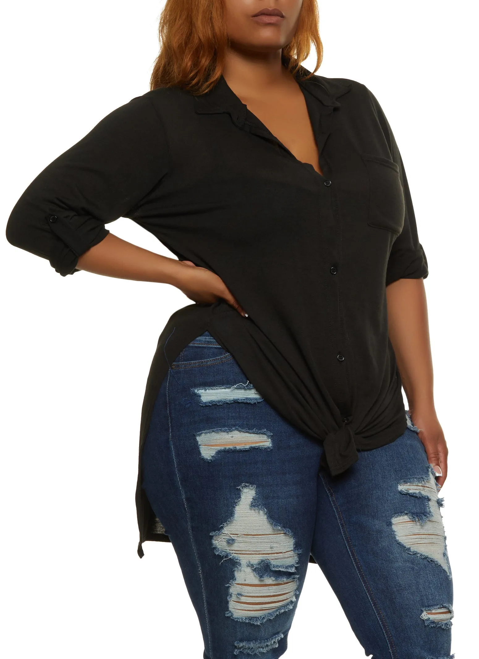 Plus Size Tie Front High Low Shirt sold by Rainbow