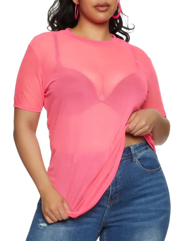 Plus Size Mesh Short Sleeve Crew Neck T Shirt sold by Rainbow