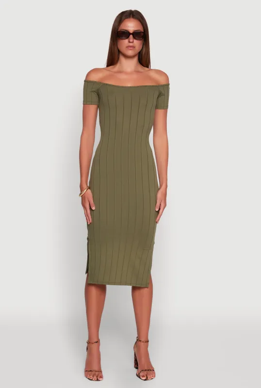Rib Knit Side Slit Off The Shoulder Dress sold by Rainbow