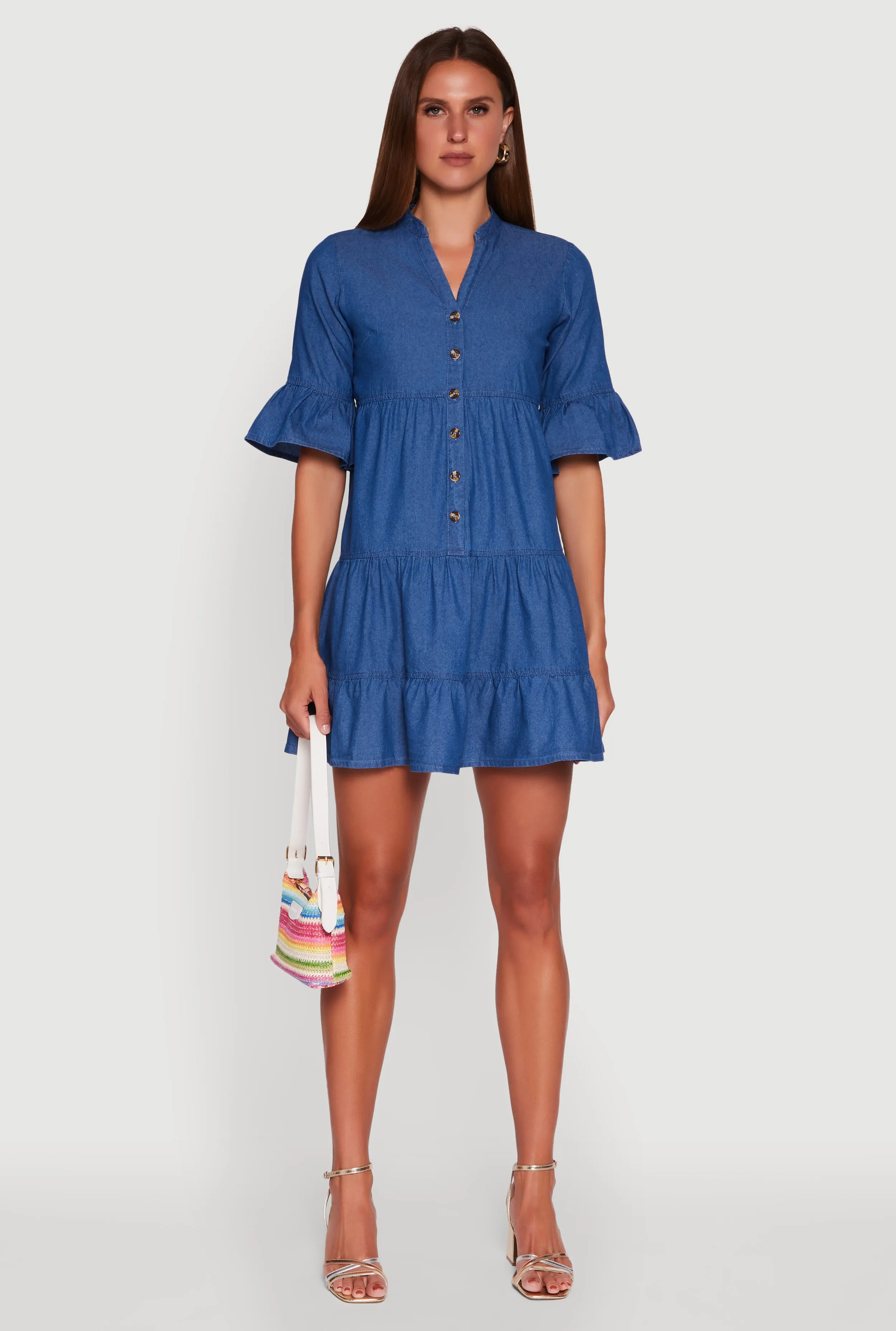 Trendy Denim Button Front Tiered Mini Dress sold by Rainbow product image thumbnail 2