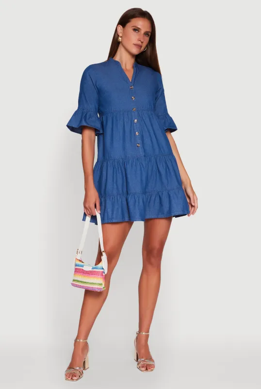 Trendy Denim Button Front Tiered Mini Dress sold by Rainbow