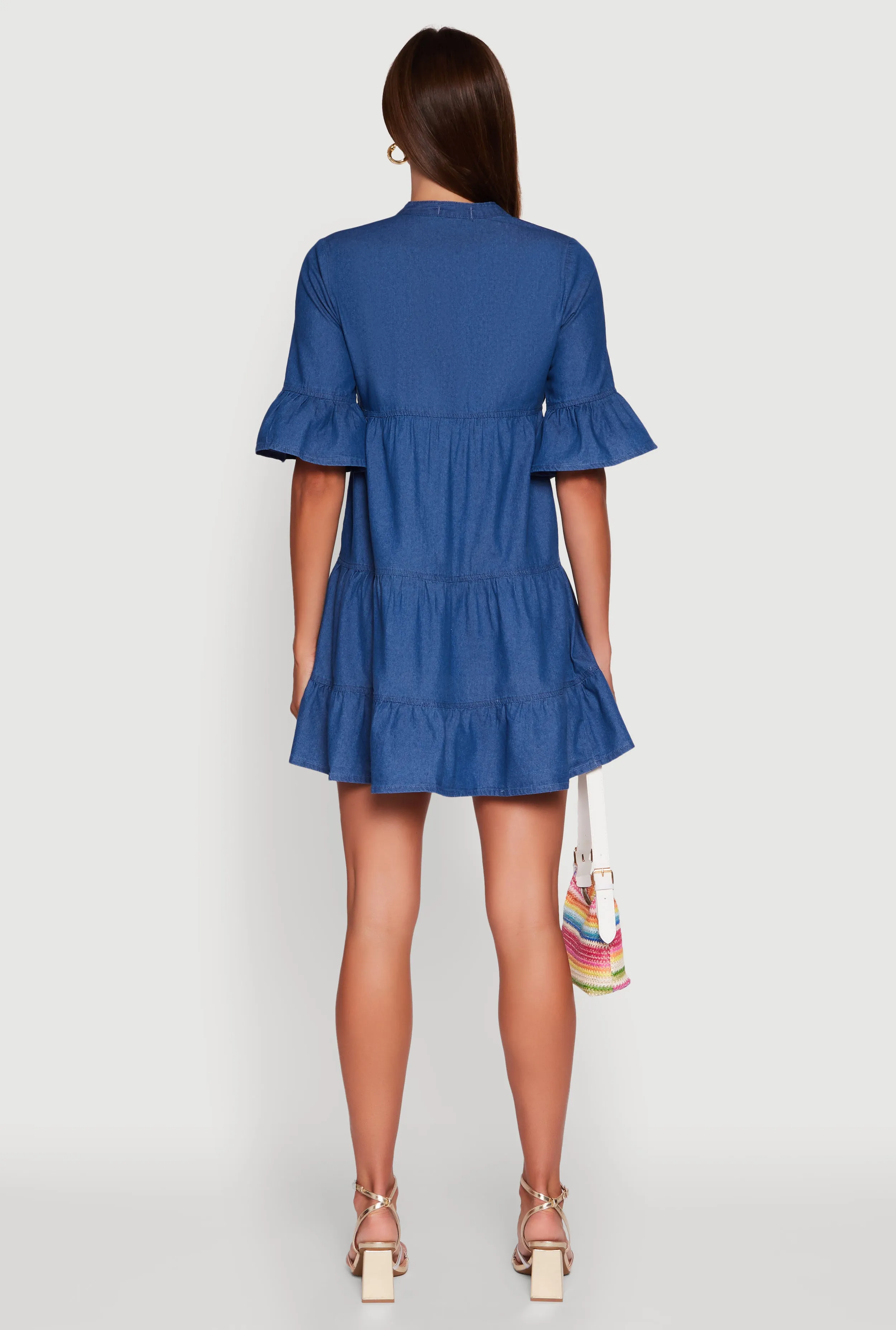 Trendy Denim Button Front Tiered Mini Dress sold by Rainbow product image thumbnail 5