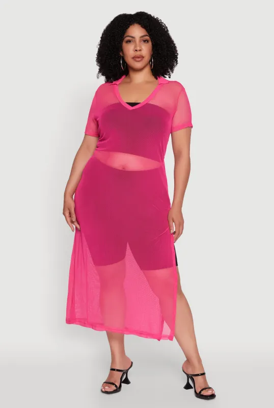 Plus Size Side Slit Collared Mesh Maxi Top sold by Rainbow