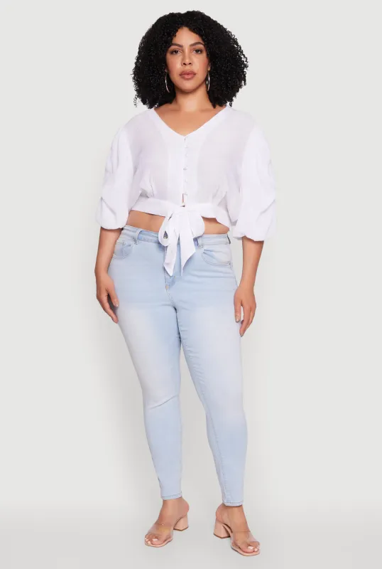 Plus Size V Neck Puff Sleeve Cropped Tie Front Top sold by Rainbow