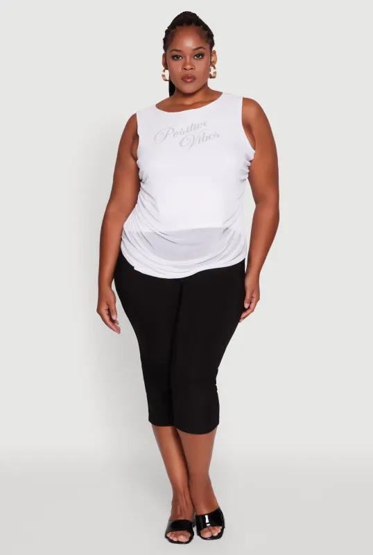 Plus Size Mesh Positive Vibes Graphic Side Ruched Tank Top sold by Rainbow