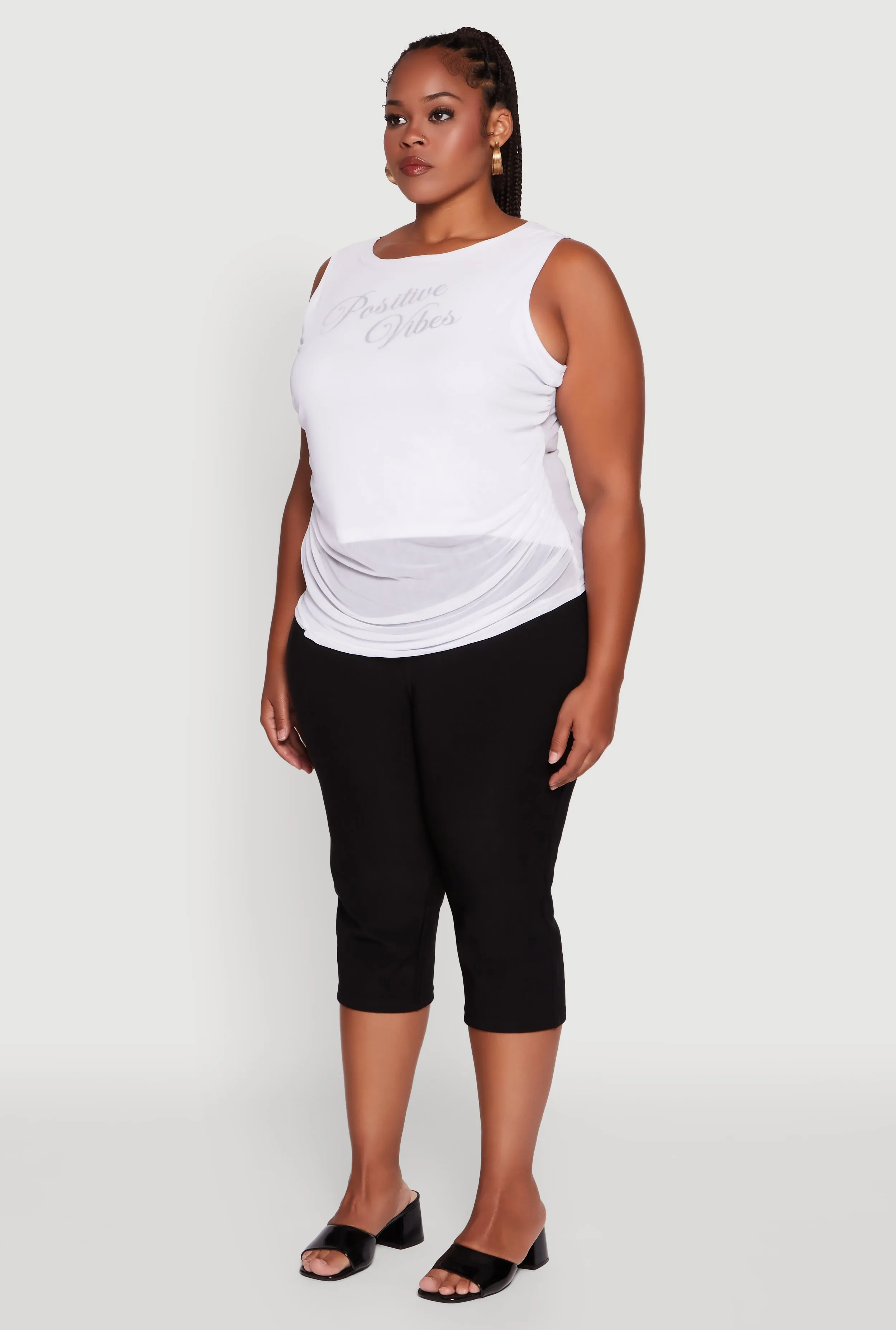 Plus Size Mesh Positive Vibes Graphic Side Ruched Tank Top sold by Rainbow product image thumbnail 5