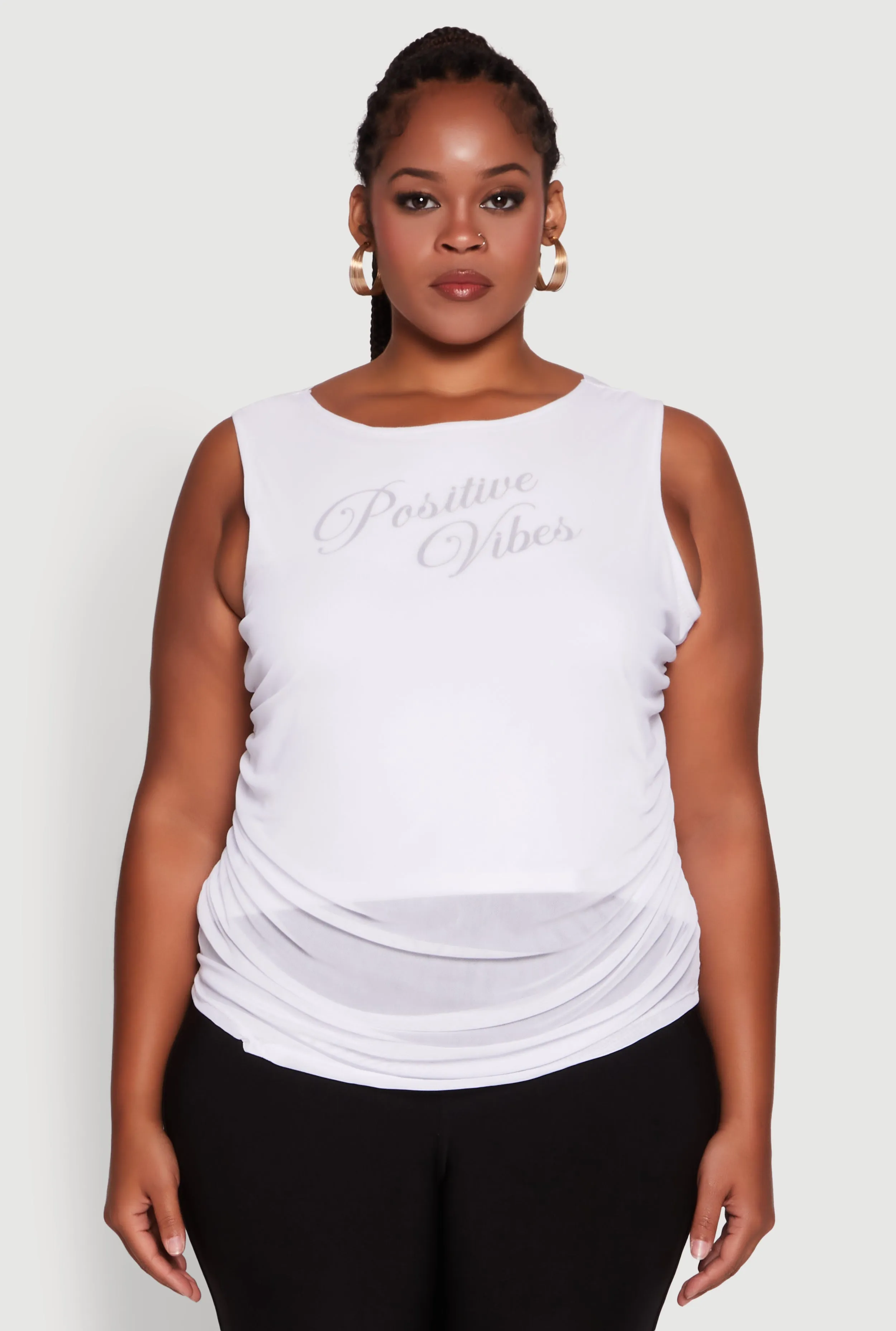 Plus Size Mesh Positive Vibes Graphic Side Ruched Tank Top sold by Rainbow product image thumbnail 2