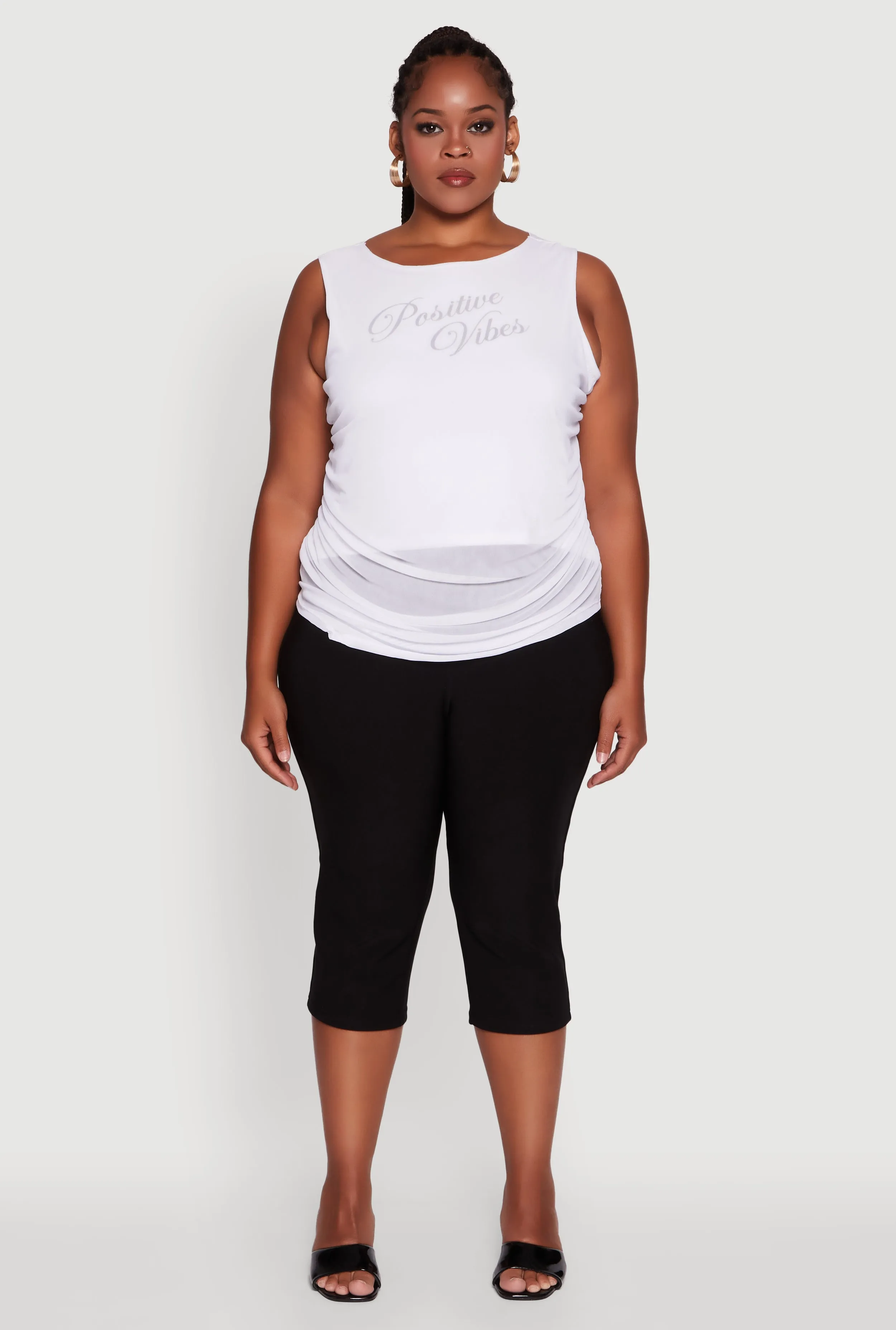 Plus Size Mesh Positive Vibes Graphic Side Ruched Tank Top sold by Rainbow product image thumbnail 3