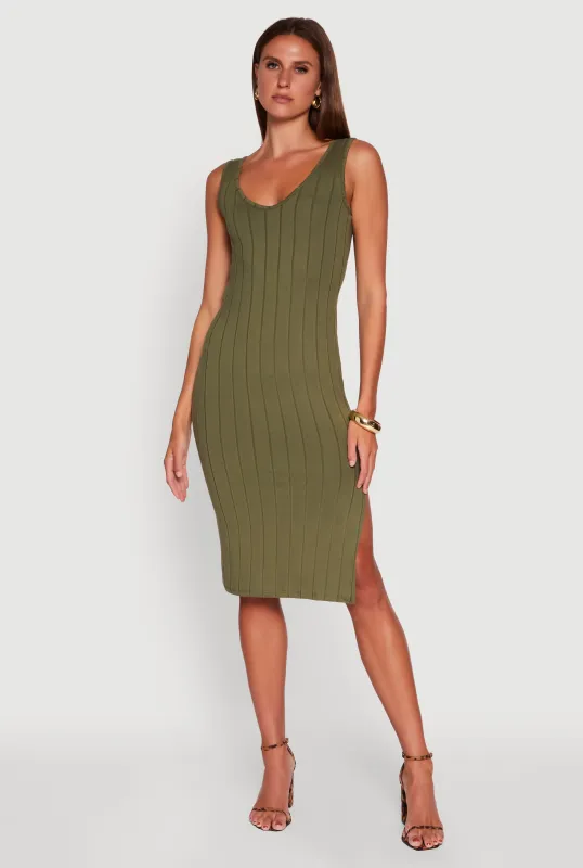 Trendy Rib Knit V-Neck Side Slit Tank Dress sold by Rainbow