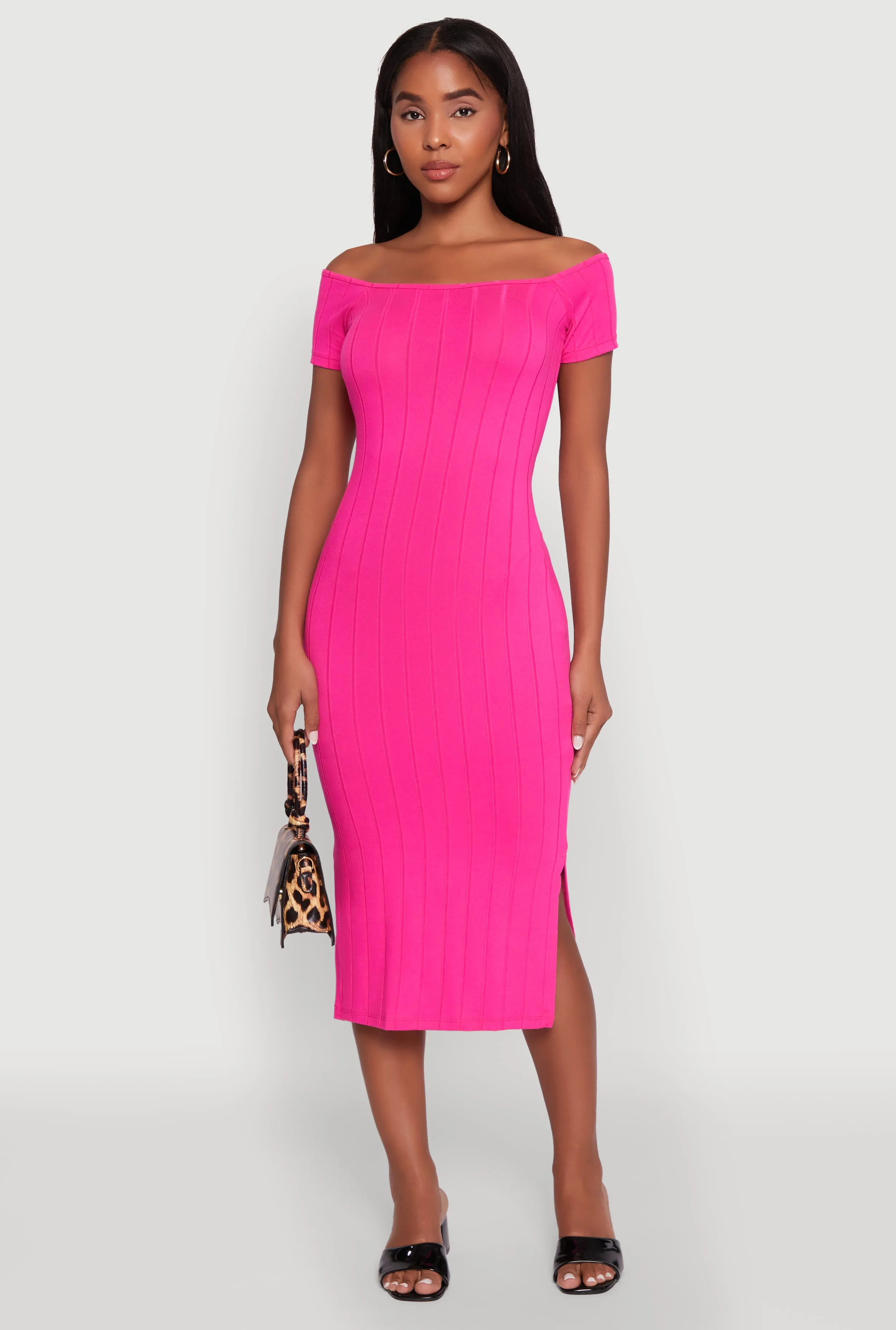 Rib Knit Side Slit Off The Shoulder Dress sold by Rainbow