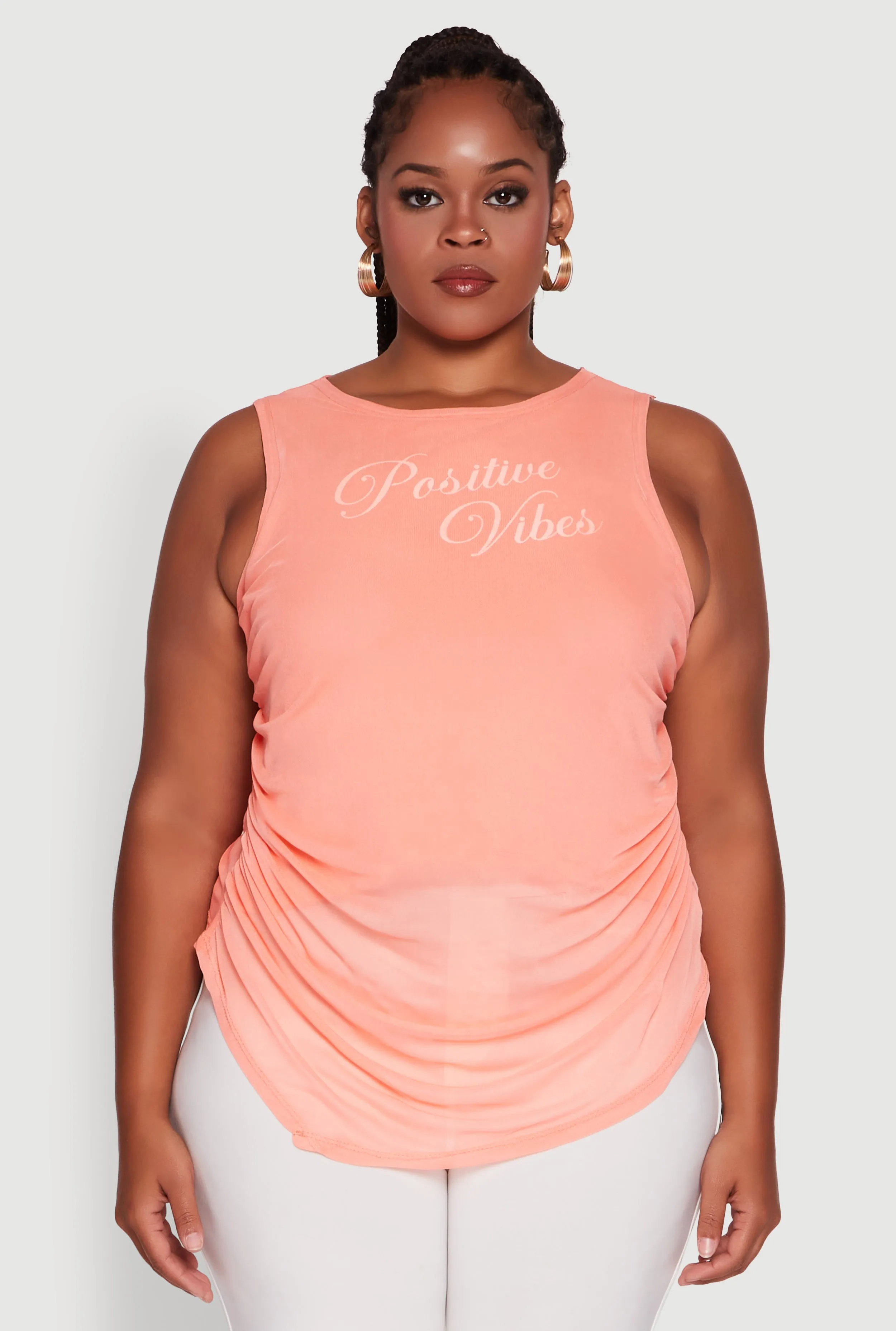 Plus Size Mesh Positive Vibes Graphic Side Ruched Tank Top sold by Rainbow product image thumbnail 2