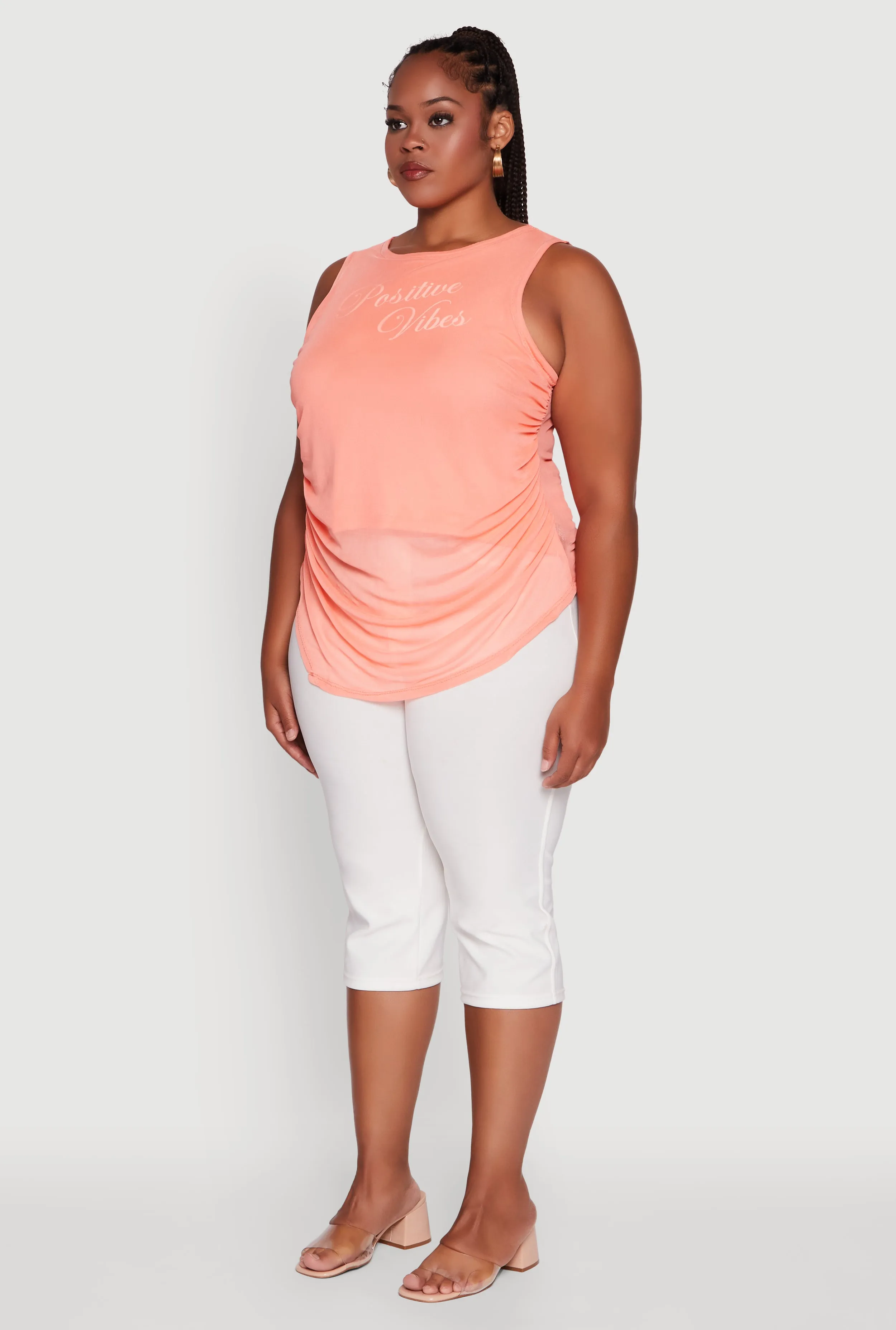 Plus Size Mesh Positive Vibes Graphic Side Ruched Tank Top sold by Rainbow product image thumbnail 5