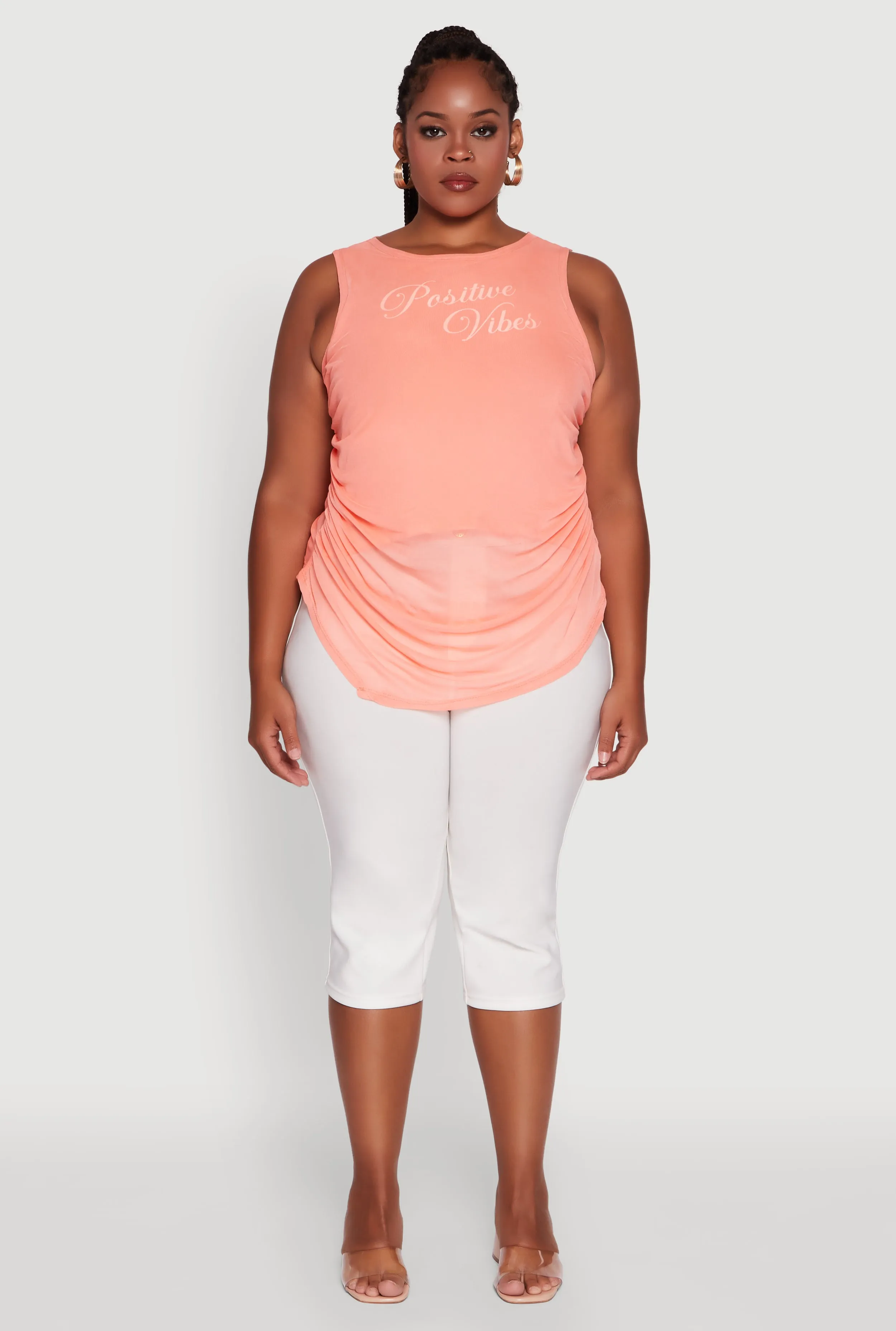 Plus Size Mesh Positive Vibes Graphic Side Ruched Tank Top sold by Rainbow product image thumbnail 3