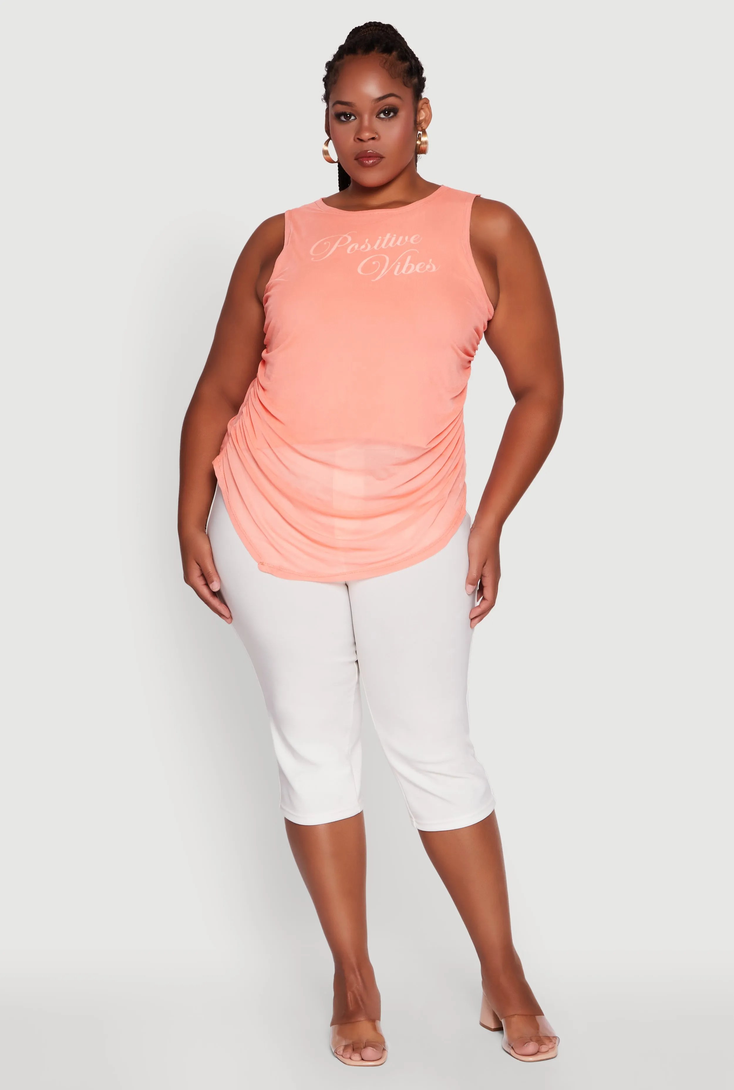 Plus Size Mesh Positive Vibes Graphic Side Ruched Tank Top sold by Rainbow