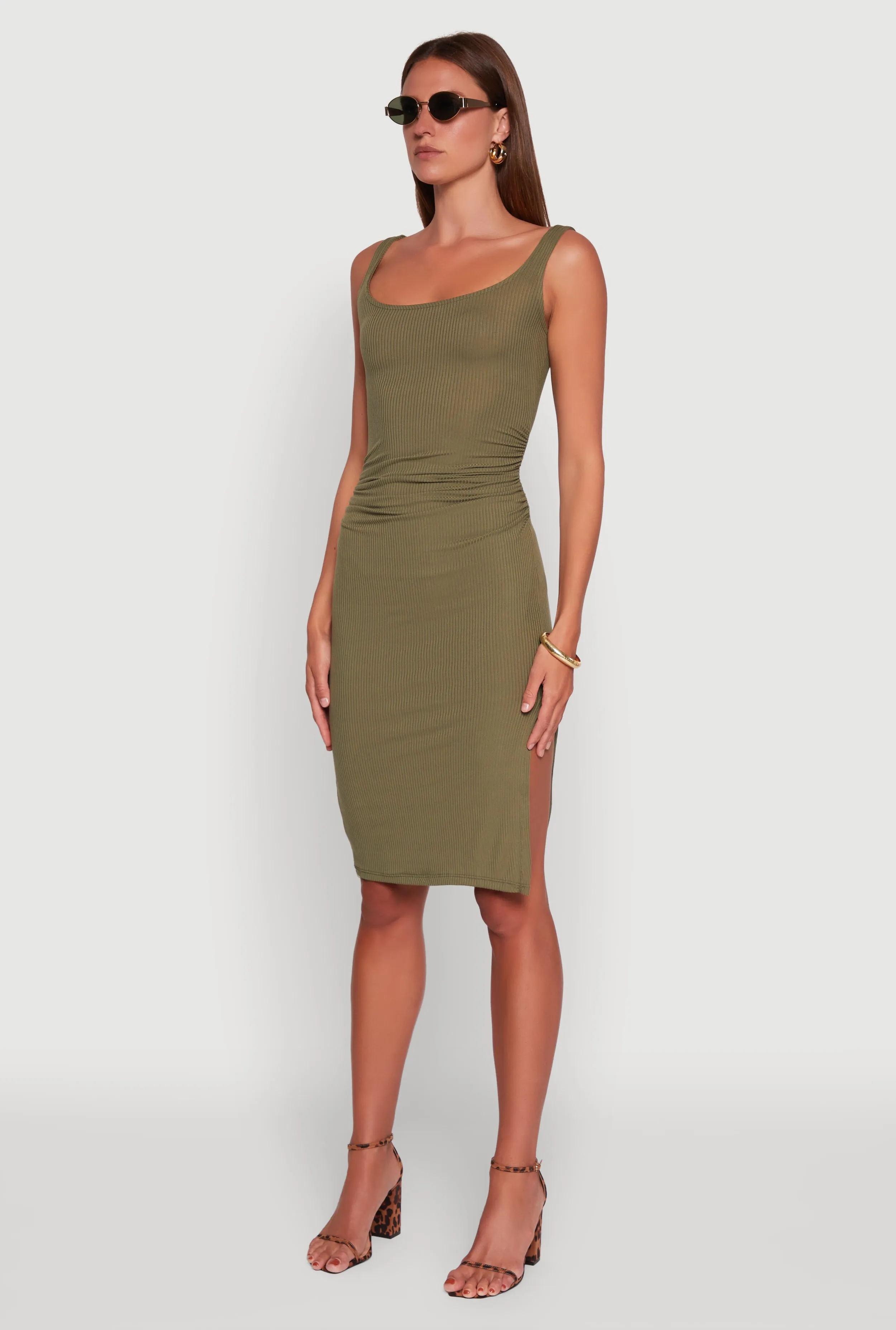 Rib Knit Side Slit Ruched Side Midi Dress sold by Rainbow product image thumbnail 3