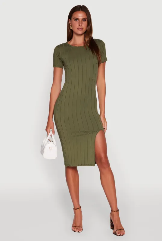 Ribbed Knit Shadow Stripe Midi T-Shirt Dress sold by Rainbow