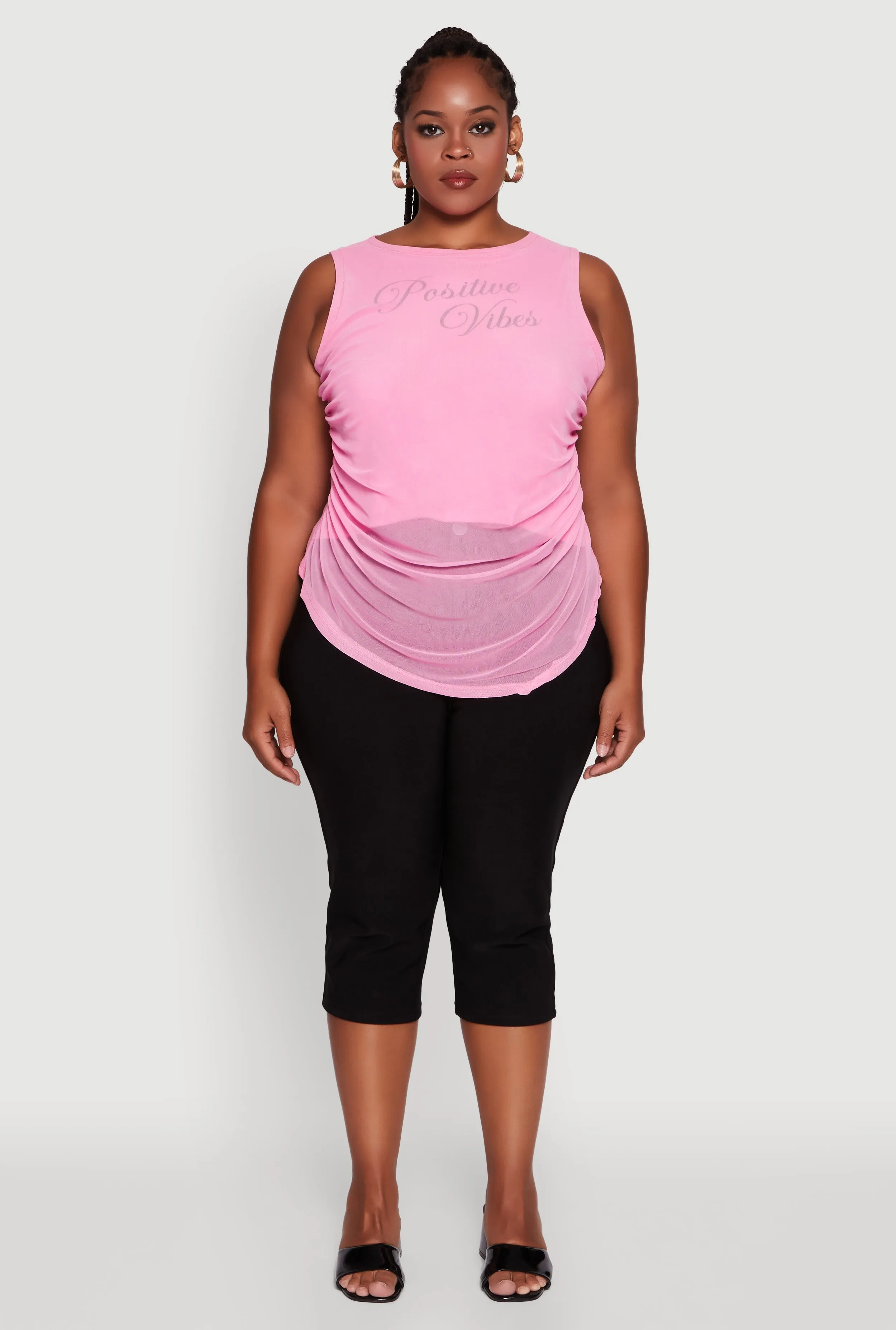 Plus Size Mesh Positive Vibes Graphic Side Ruched Tank Top sold by Rainbow product image thumbnail 3