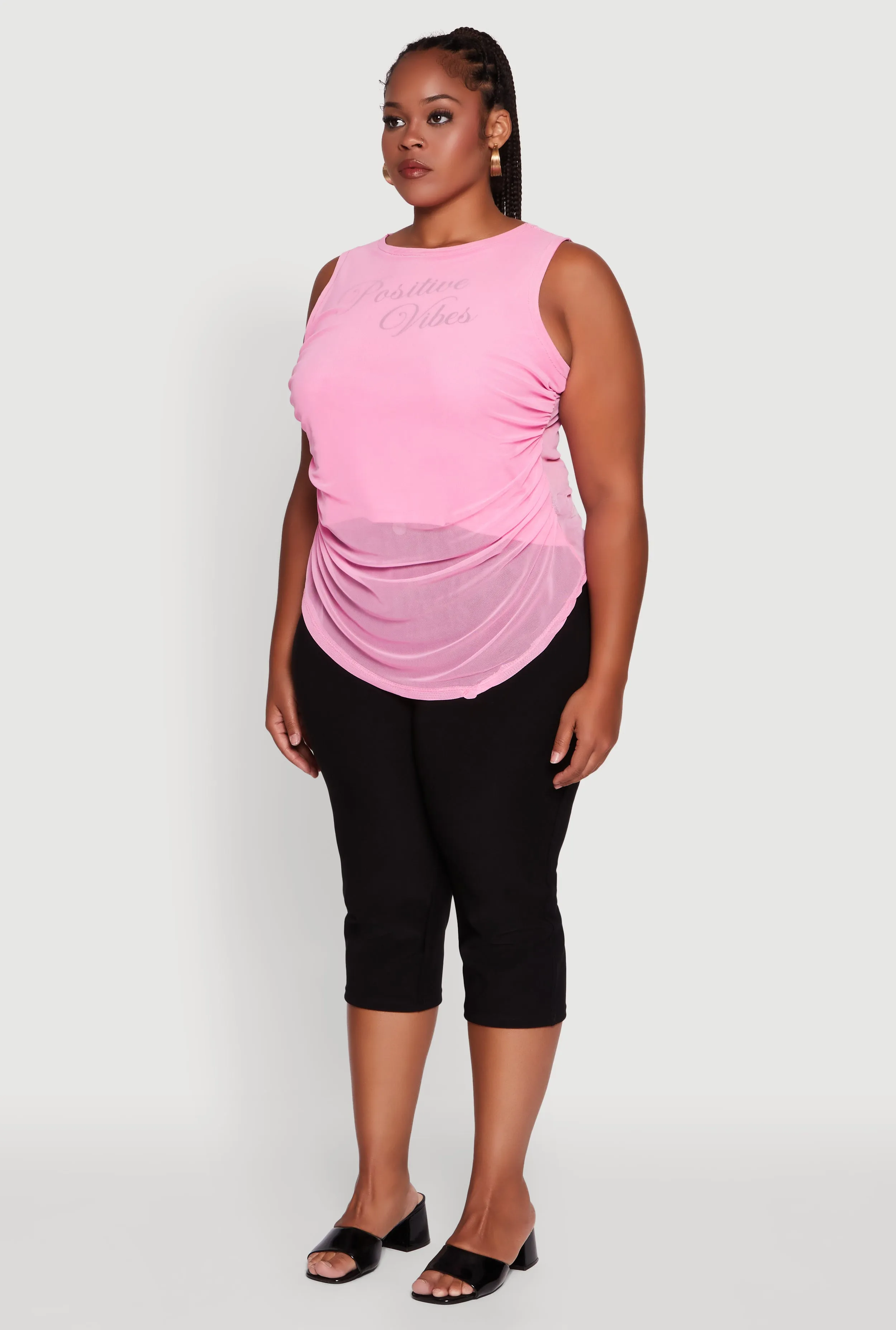 Plus Size Mesh Positive Vibes Graphic Side Ruched Tank Top sold by Rainbow product image thumbnail 5