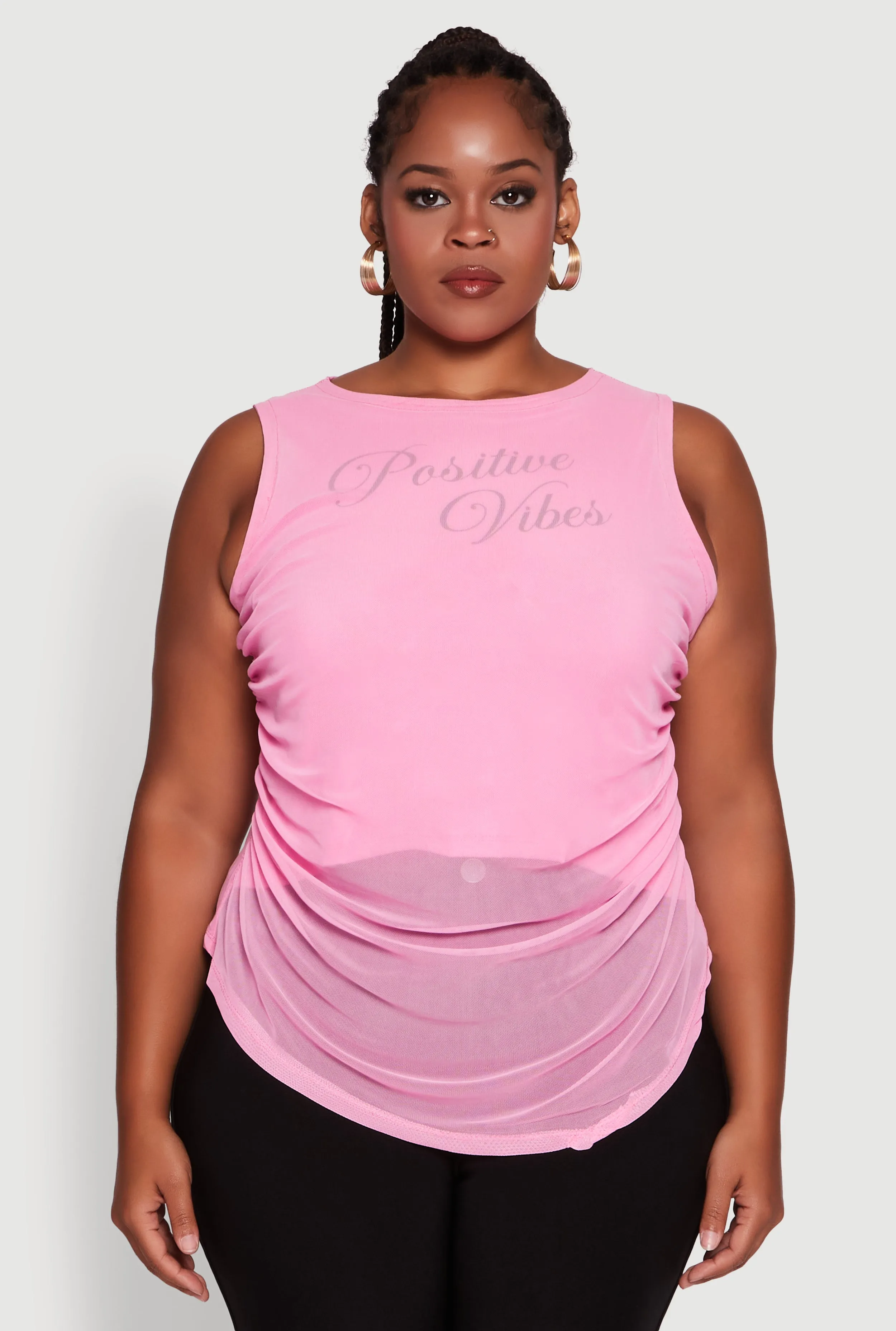 Plus Size Mesh Positive Vibes Graphic Side Ruched Tank Top sold by Rainbow product image thumbnail 2