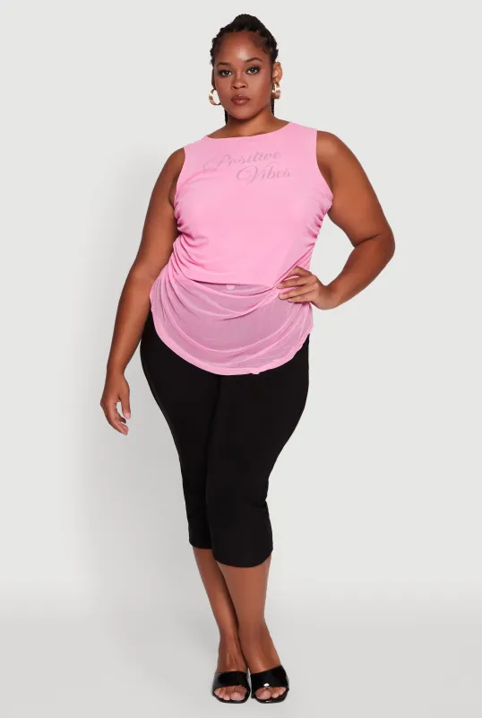 Plus Size Mesh Positive Vibes Graphic Side Ruched Tank Top sold by Rainbow