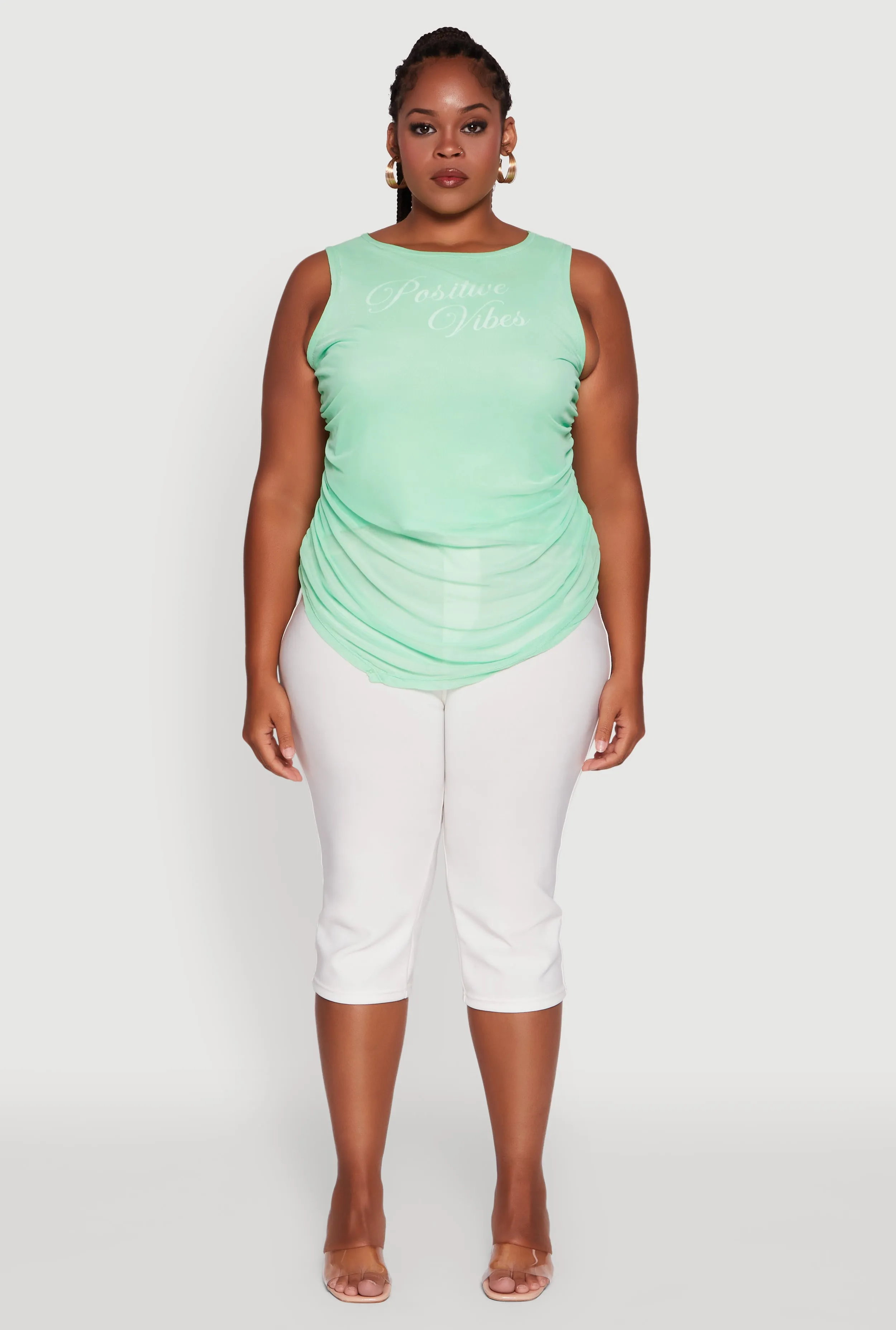 Plus Size Mesh Positive Vibes Graphic Side Ruched Tank Top sold by Rainbow product image thumbnail 3